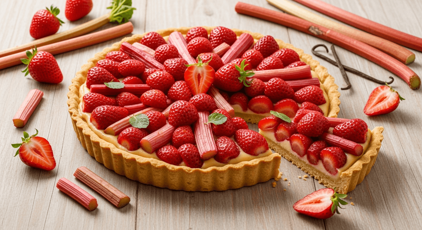Tarte Rustique Rhubarbe et Fraises, Crème d'Amande Parfumée